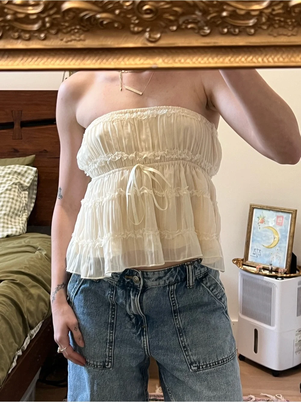 Edikted Cream Strapless Ruffled Flowy Crop Top - Picture 2 of 5